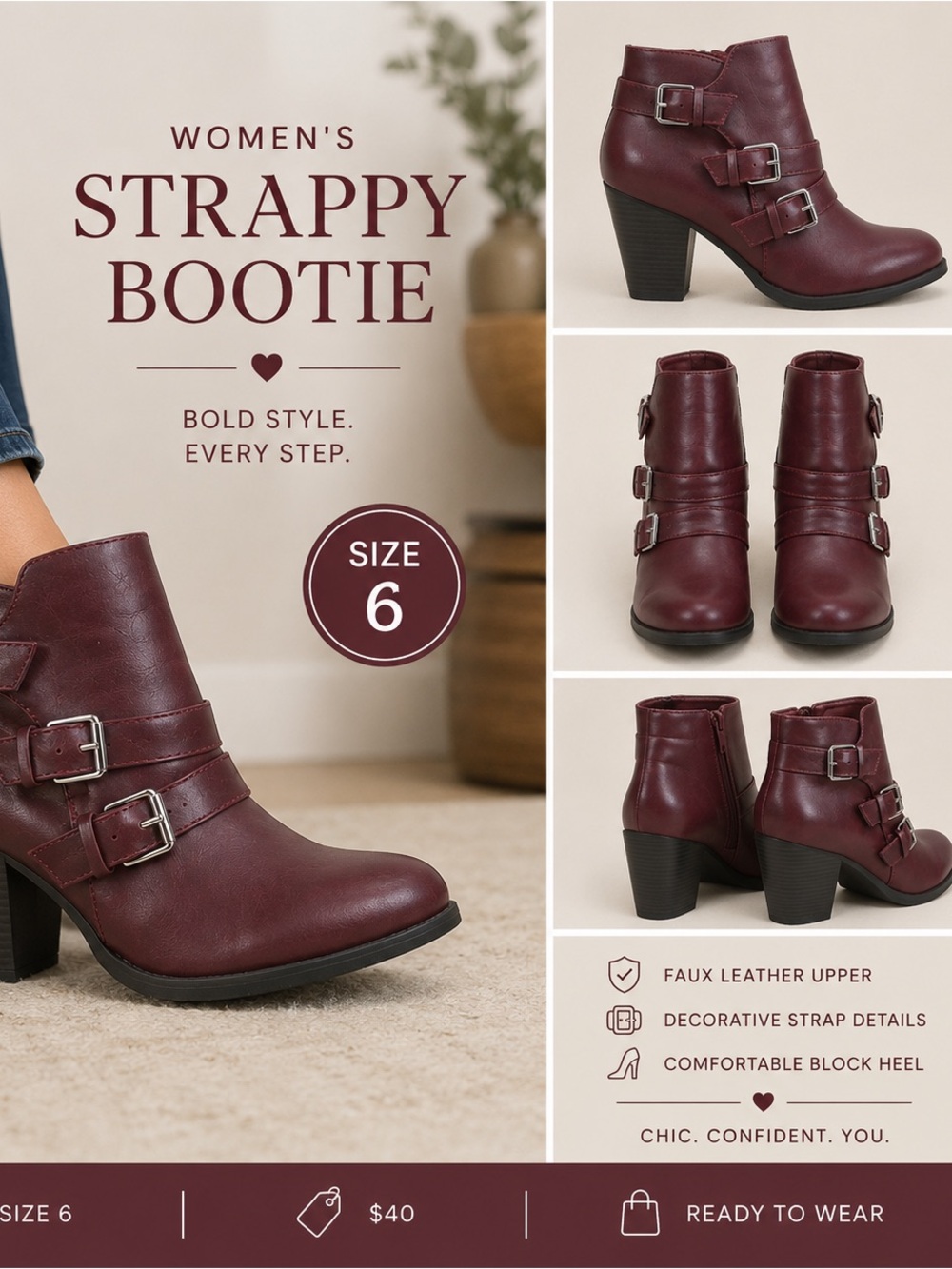 Women's Strappy Bootie - Burgundy